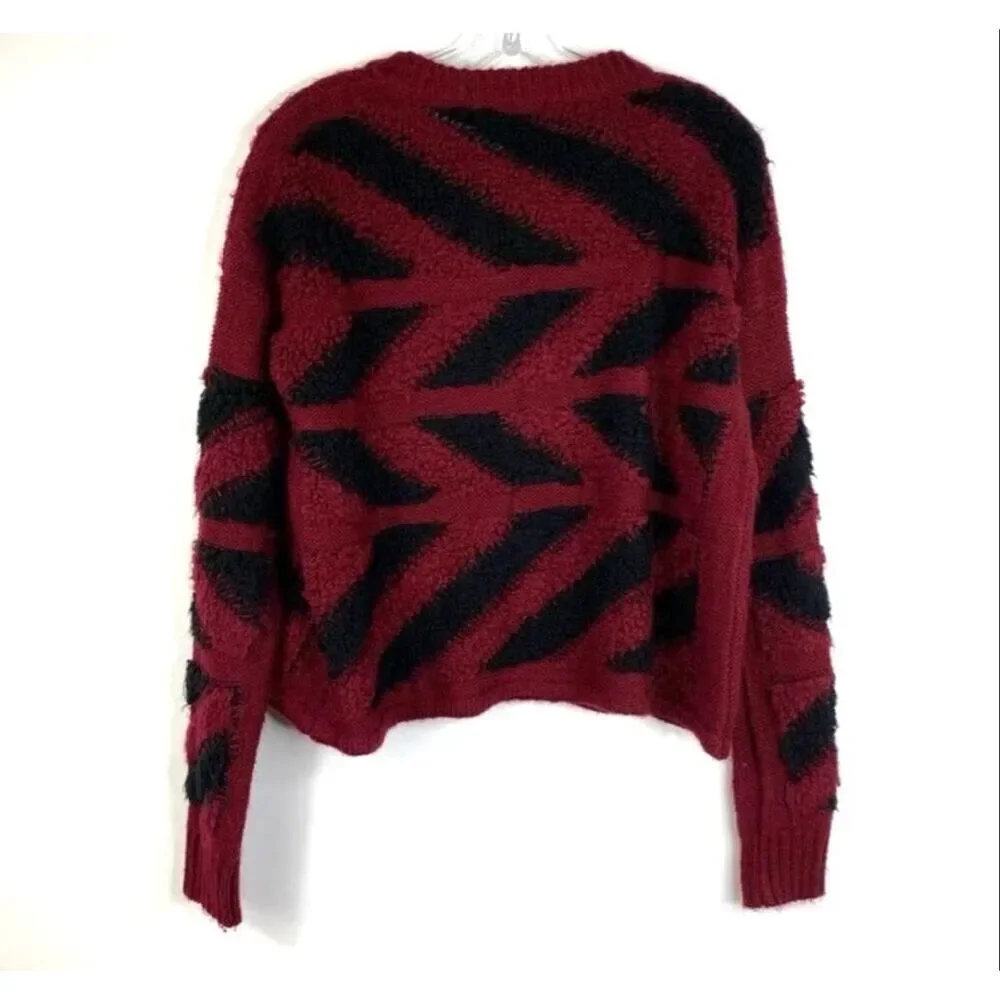 John + Jenn Chevron Textured Knit Sweater Burgundy Black Women Extra Small